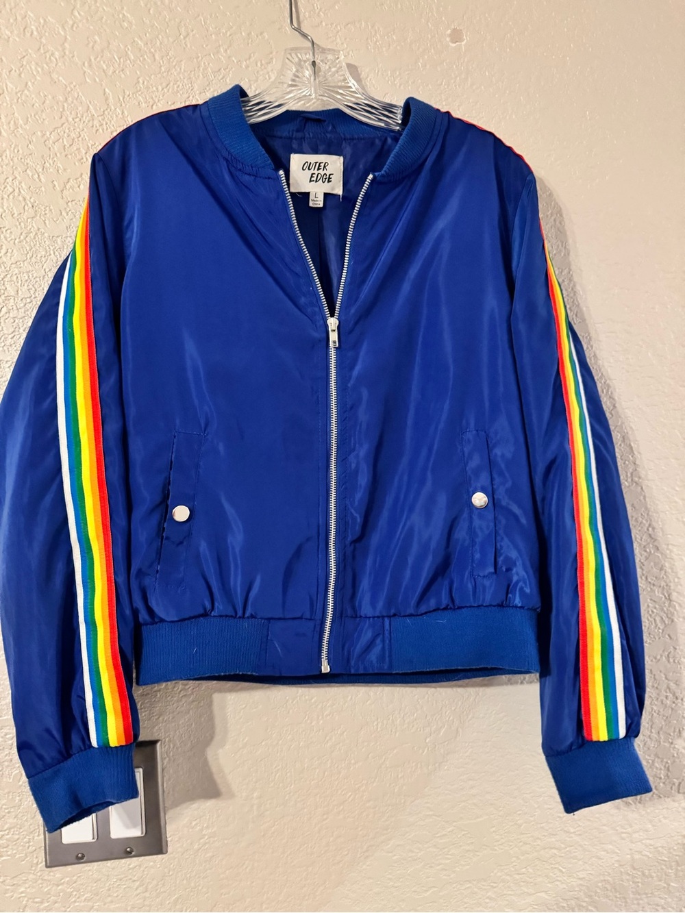 Vintage Outer Edge Blue Bomber Jacket with Rainbow Stripe Sleeves